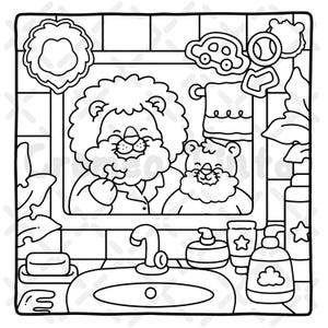 May include: Black and white illustration of a bathroom scene with a lion and cub looking in a mirror. The mirror reflects the lion brushing its teeth. The scene includes a sink, soap, and toiletries.