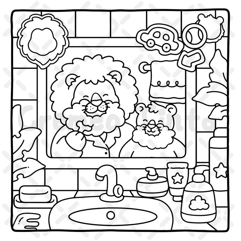 May include: Black and white illustration of a bathroom scene with a lion and cub looking in a mirror. The mirror reflects the lion brushing its teeth. The scene includes a sink, soap, and toiletries.