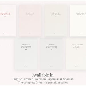 May include: Seven journals with titles like "Boundaries & Self-Respect" and "Gratitude & Small Joys" are displayed. The journals are white with minimalist text in a soft, muted color. The text "Available in English, French, German, Japanese & Spanish" is also visible.
