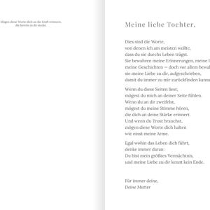 May include: A printed page with German text, including the phrase "Meine liebe Tochter" (My dear daughter). The text is a heartfelt message from a mother to her daughter, written in a classic serif font.