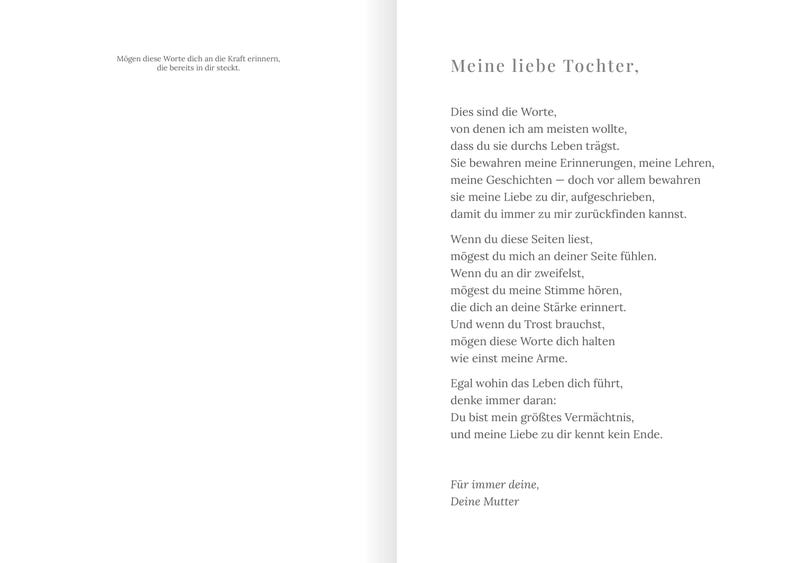 May include: A printed page with German text, including the phrase "Meine liebe Tochter" (My dear daughter). The text is a heartfelt message from a mother to her daughter, written in a classic serif font.