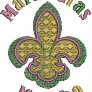 May include: Mardi Gras Mambo text with a green, pink, and gold fleur-de-lis design.