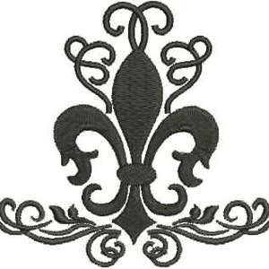 May include: A black and white stylized fleur-de-lis design with intricate scrollwork.