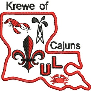 May include: A red outline of the state of Louisiana with the text "Krewe of Cajuns" and "UL" inside. The outline includes a red fleur-de-lis, a red crawfish, a red oil rig, and a red crab.