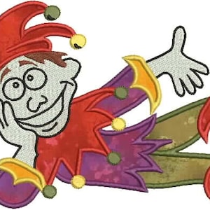 May include: A cartoon jester with a red, yellow and purple costume is lying on its side with one hand on its chin and the other outstretched. The jester has a big smile and is wearing a pointy hat.