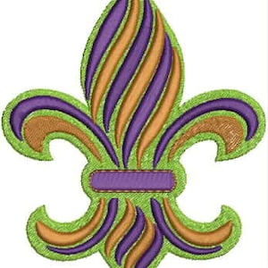 May include: A purple and gold fleur-de-lis with green accents. The fleur-de-lis is a traditional symbol of French royalty.