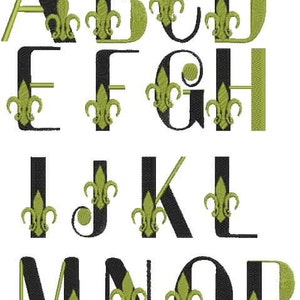 May include: Black and green alphabet letters with a fleur-de-lis design. The letters are in uppercase and are arranged in alphabetical order.