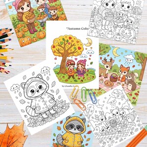 Puede incluir: Una colección de páginas para colorear con temática otoñal que presentan ilustraciones de dibujos animados de familias, mapaches y criaturas del bosque. Las páginas incluyen calabazas, hojas y el texto "Autumn Coloring" de Claudia Love.
