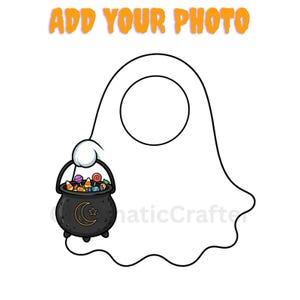 May include: A white ghost outline illustration featuring a circular cutout for a photo, with the text ADD YOUR PHOTO at the top. The ghost holds a black cauldron filled with colourful candies, featuring a gold crescent moon and star design.