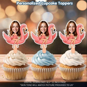 May include: Three cupcakes topped with personalized cupcake toppers featuring a cartoon illustration of a person sitting on a pink flamingo floatie, holding a drink. The text reads Personalized Cupcake Toppers and DIGITAL DOWNLOAD 8.5 x 11 INCH PAGE.