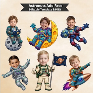 Pode incluir: Uma coleção digital de seis ilustrações de astronautas com rostos de crianças, incluindo astronautas na lua, em uma lua crescente, segurando um planeta, acenando, segurando uma bandeira com um planeta e montando um foguete. Texto: Astronauts Add Face Editable Template & PNG.