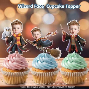 May include: Three cupcakes with wizard-themed face toppers. The cupcakes have pink, blue, and green frosting. The toppers depict a wizard with an owl, on a broom, and with a wand. Text at the top reads "Wizard Face Cupcake Topper".