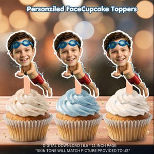 May include: Three personalized cupcake toppers featuring a child's face with blue swimming goggles, attached to wooden sticks. The text reads: Personziled FaceCupcake Toppers and DIGITAL DOWNLOAD | 8.5 x 11 INCH PAGE. SKIN TONE WILL MATCH PICTURE PROVIDED TO US.