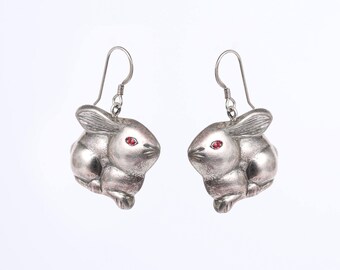 Rabbits silver 925 earring with Ruby Stone on the eyes