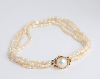 Vintage Quadruple-Strand Rice Pearl Necklace-with pure 14-carat gold