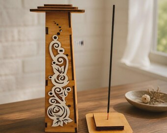 木製お香立て｜手彫り・彫刻入りスタンド｜禅風インテリア｜ユニークなスピリチュアルギフト