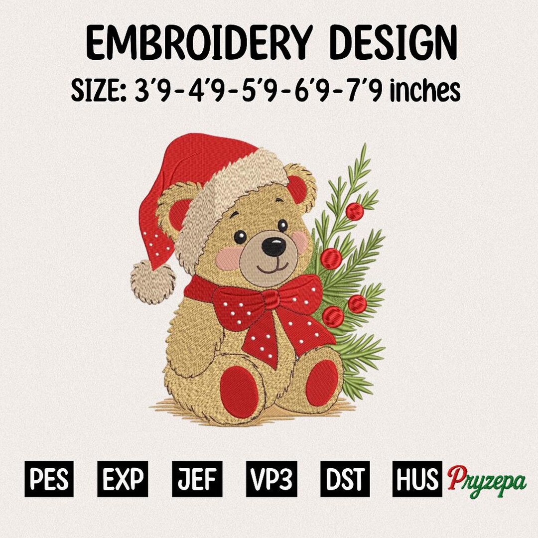Christmas Cute Teddy Bear Santa Hat Stitch Embroidery Design, Instant ...