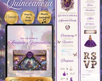 May include: A digital Quinceañera invitation suite featuring a purple and gold color palette with castle imagery. The set includes a main invitation, ceremony and reception details, a program, gift registry, and RSVP form with text in English.