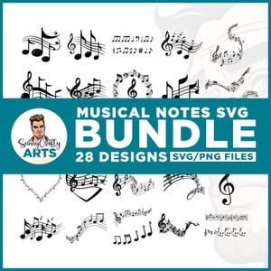 May include: A teal graphic featuring a collection of black musical notes and symbols. The text reads "MUSICAL NOTES SVG BUNDLE" with "28 DESIGNS SVG/PNG FILES" below. A circular logo with a man's face and the words "Sunny Crafty ARTS" is also present.