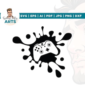 Puede incluir: Gráfico en blanco y negro de un mando de videojuegos dentro de una mancha de tinta estilizada. La imagen incluye el texto "SVG | EPS | AI | PDF | JPG | PNG | DXF" y el logotipo de Sunny Crafty ARTS.