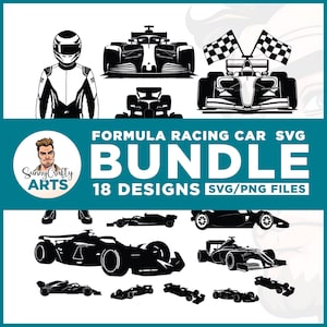 May include: Black and white SVG bundle featuring Formula Racing Cars. Includes 18 designs in SVG and PNG file formats. The image also includes a driver in a racing suit and a logo for Sunny Crafty Arts.