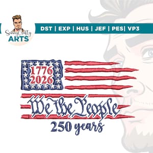 Peut inclure: Un motif brodé du drapeau américain avec le texte "1776 2026" dans le coin supérieur gauche. Les mots "We the People" et "250 years" sont également inclus. Le motif est en rouge, blanc et bleu.