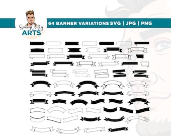 Puede incluir: Un conjunto de 64 variaciones de banners en formatos SVG, JPG y PNG. Los banners son en blanco y negro, con diversas formas y estilos, incluyendo diseños rectos, curvos y de cinta. El logotipo de Sunny Crafty Arts está presente.