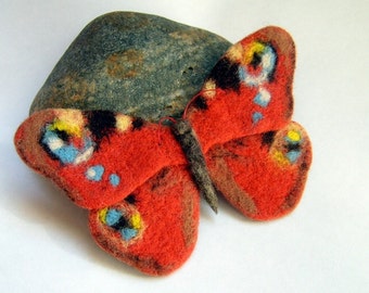 Felted brooch: Burnt orange, felt jewelry, needle felted brooch, real butterfly, butterfly jewelry, faux taxidermy