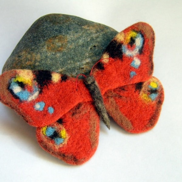 Felted brooch: Burnt orange, felt jewelry, needle felted brooch, real butterfly, butterfly jewelry, faux taxidermy