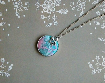 Felt Pendant Necklace pink mint with flower charm FREE shipping