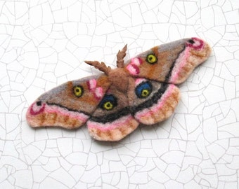 Felted brooches,Felted Butterfly,Hand Felt Brooch,Polyphemus Moth, for her, lannarfelt