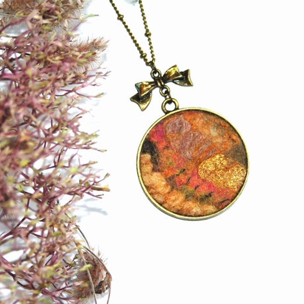 Felt Necklace Pendant peach gold brown beige Peach OOAK