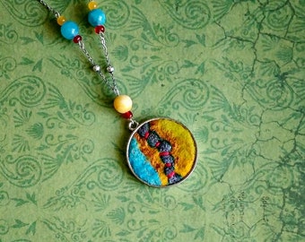 Felt Pendant Necklace blue gold grey green with quartz blue beads OOAK  Best Friends FREE shipping