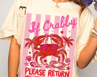 Funny Crab Beach Shirt, If Crabby Please Return to the Beach, Retro Beach Tee, Striped Summer Vacation Top