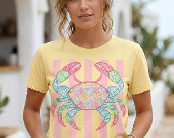 Summer Crab Shirt, Pink Preppy Beach Tee, Watercolor Coastal Crab, Girly Bay Crab, Summer Beach Top