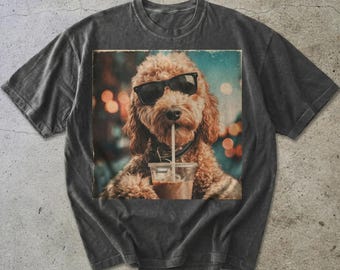 Vintage dog shirt, Funny Sunglasses Puppy Drinking Iced Coffee, Cute Coffee Lover Dog Tee