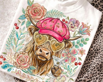 Preppy Floral Highland Cow Shirt, Martini Weather Sassy Heifer Tee, Funny Beach Vibes Western Summer Top