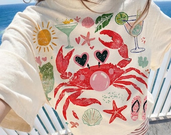 Crab Blowing Bubble Shirt, Coastal Nautical Crab Tee, Beach Crab Summer Vibes Gift