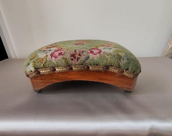 Victorian Style Floral Needlepoint Footstool Handstitched Tapestry Cushion On Wood Bun Feet UK