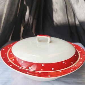 Vintage terrin med lock från 1950-talet/mitten av århundradet, midvinterstil, "Red Domino" – Jessie Tait