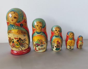 Muñecas rusas Matryoshka Troika vintage firmadas y pintadas a mano de Starkov, 19 cm, 5 piezas.