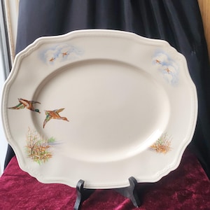 Alfred Meakin Flying Ducks Serving Platter, Vintage Fenland Mallard English Ironstone Scalloped Oval Dish