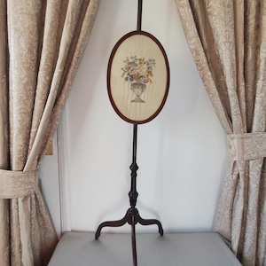 Antique Victorian Mahogany Pole Screen with Floral Silk Needlepoint Tapestry and Tripod Cabriole Base