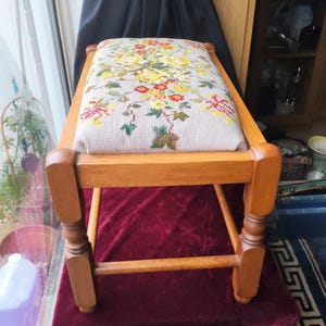 Vintage Long Rectangular Floral Needlepoint Footstool with Turned Wood Legs and Tapestry Top