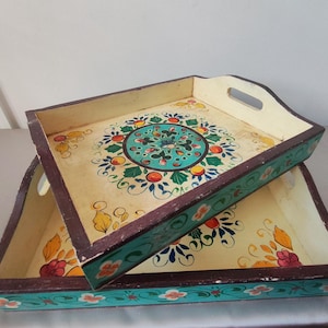 Vintage Hand-Painted Folk Art Wooden Trays, Nesting Set of 2, Teal Mandala Design