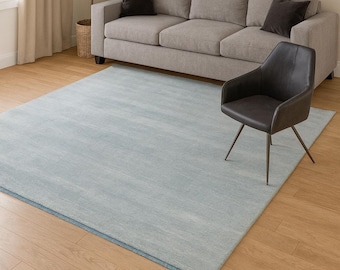 Solid Light Blue handloom wool area rug with fringes modern living room carpet cozy neutral bedroom thick plush texture soft custom size