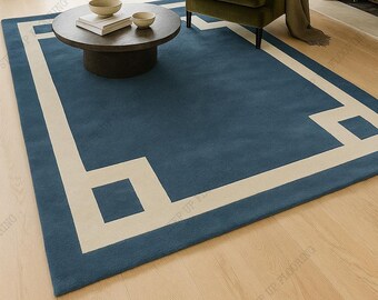 Modern Geometric Wool Rug | Hand Tufted Custom Area Rug | Blue & Cream Contemporary Carpet | Living Room Minimalist Decor | Nursery Rug