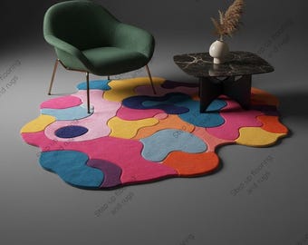 Bunter Abstrakter Unregelmäßiger Teppich, Handgetufteter Wollteppich für Wohnzimmer, Funky Gewellter Teppich, Dopamin-Dekor, Individueller Pop-Art-Teppich