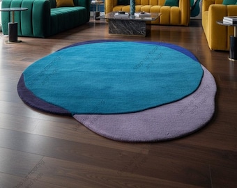 Abstract Hand Tufted Wool Rug Teal & Purple Geometric Irregular Shape Area Rug Funky Modern Colorful Carpet for Living Room Bedroom Custom