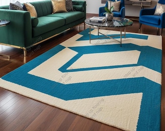 Hand Tufted Wool Rug Teal and Cream Geometric Area Rug Modern Abstract Living Room Carpet Mid Century Modern Decor Custom Wool Area Rugs